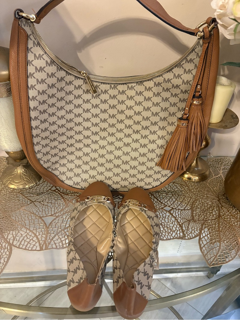 Michael Kors Beige & Tan MK Logo Hobo Shoulder Bag with Tassel